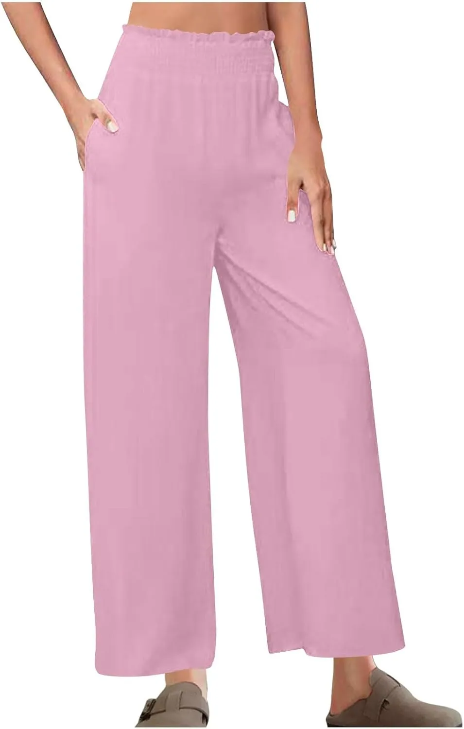 Womens Wide Leg Pants Cotton Linen Palazzo Pants Smocked Elastic Waist Loose Casual Pant Summer Flowy Lounge Trousers
