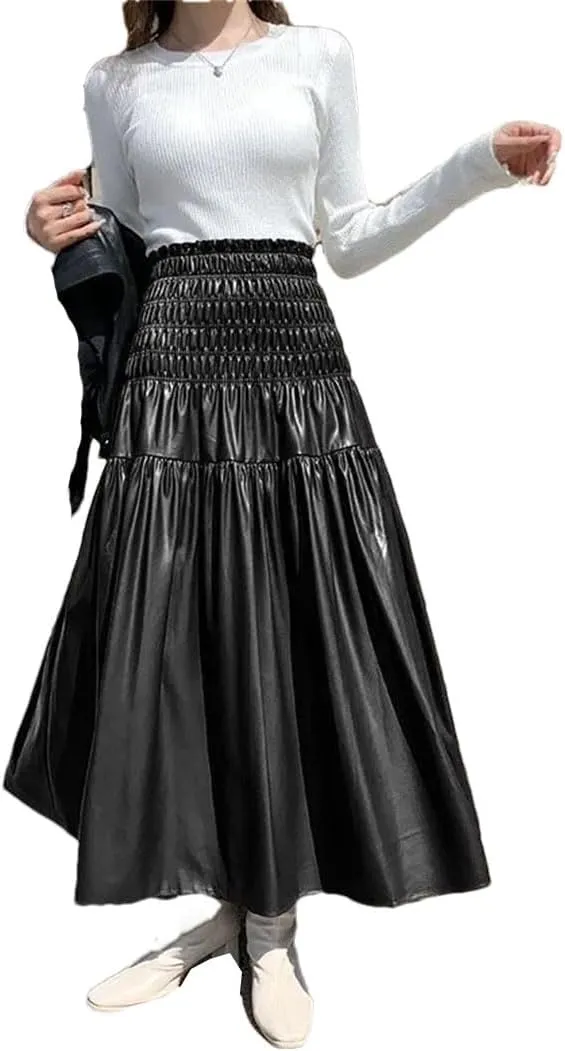 Women's Winter PU Long Skirt Elegant Ladies Elastic High Waist A-Line Midi Pleated Skirt