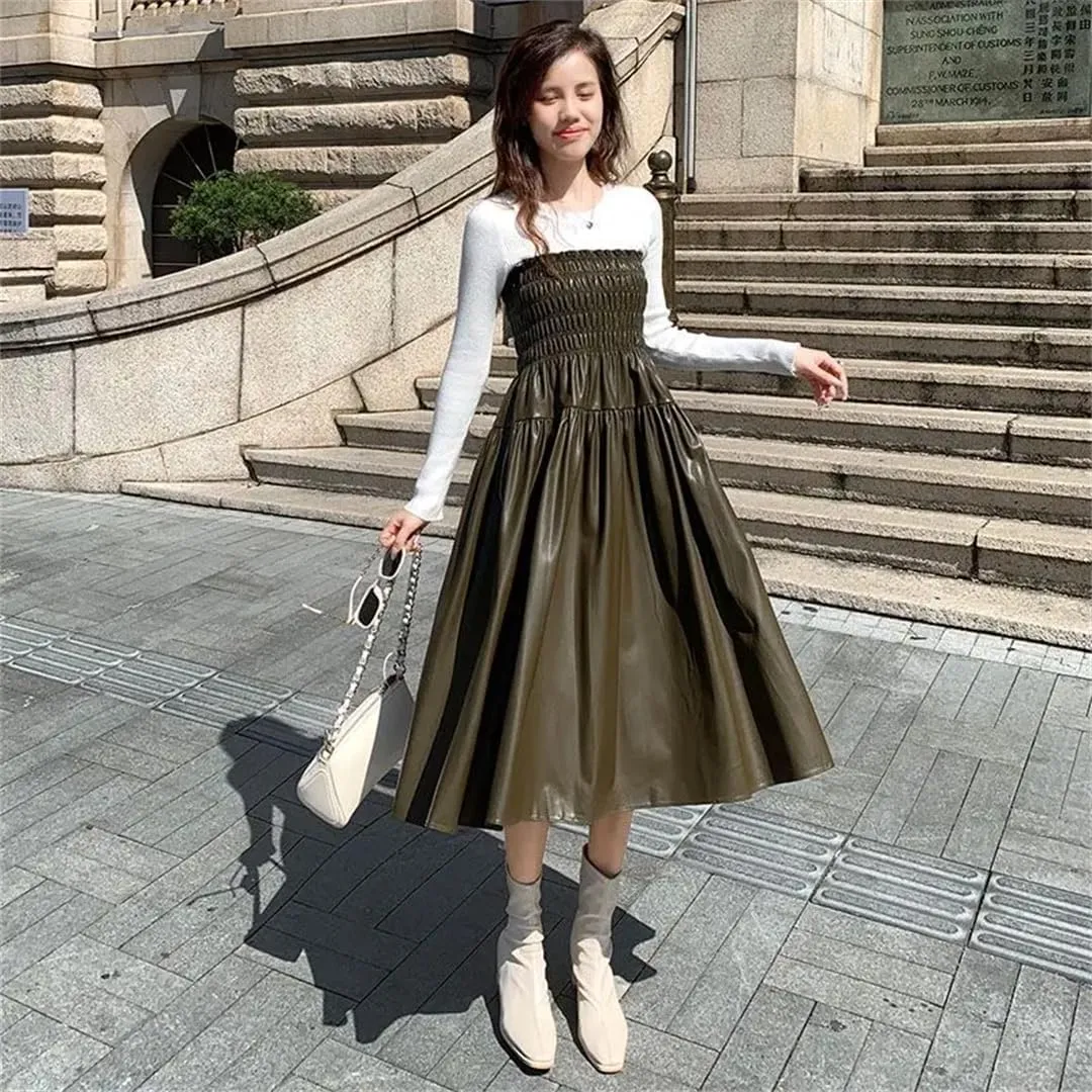 Women's Winter PU Long Skirt Elegant Ladies Elastic High Waist A-Line Midi Pleated Skirt