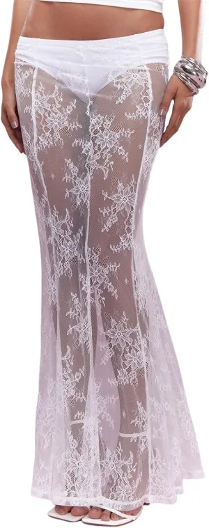 Womens Y2K Floral Lace Split Long Skirts Sexy Low Rise Ruffle Hem See Through Sheer Summer Beach Maxi Skirts
