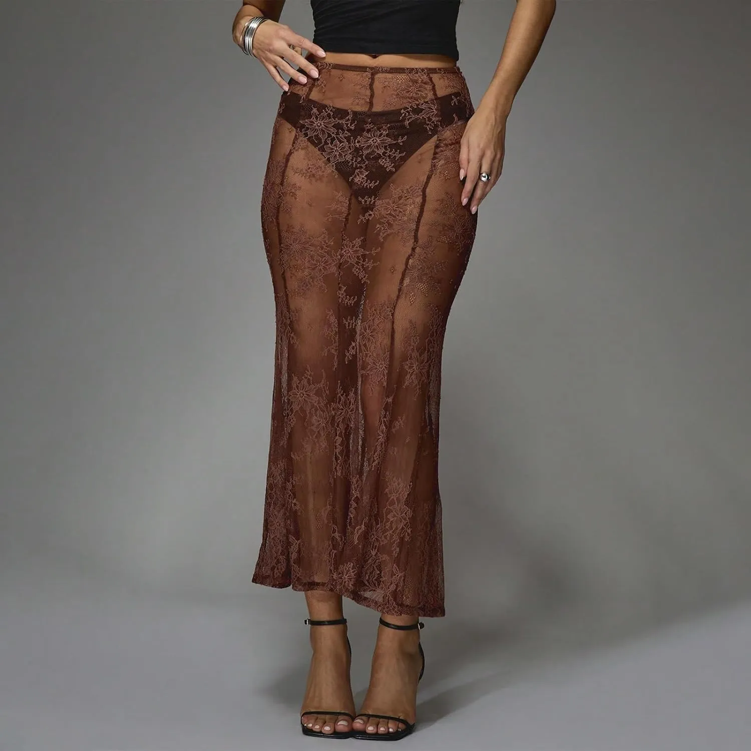 Womens Y2K Floral Lace Split Long Skirts Sexy Low Rise Ruffle Hem See Through Sheer Summer Beach Maxi Skirts
