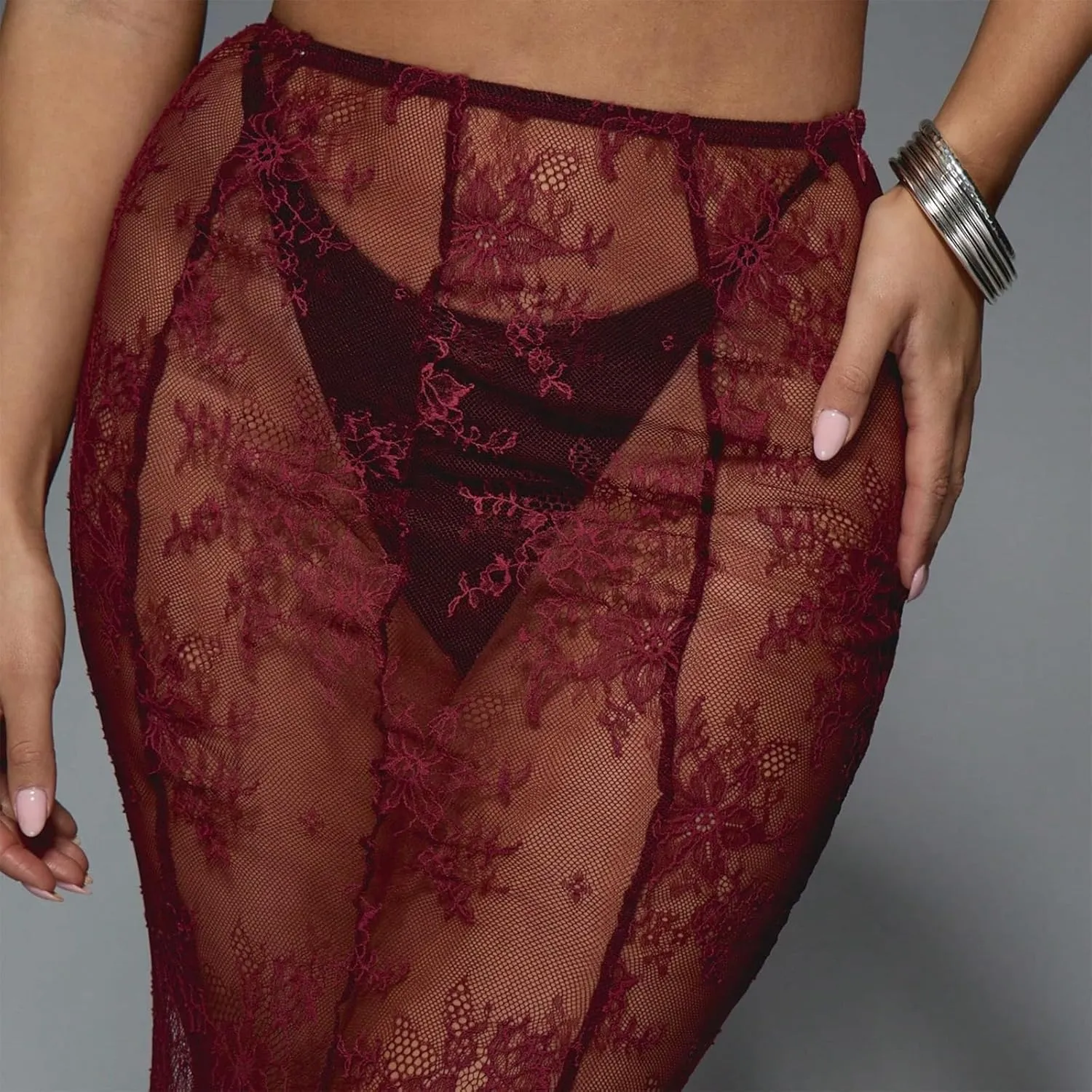 Womens Y2K Floral Lace Split Long Skirts Sexy Low Rise Ruffle Hem See Through Sheer Summer Beach Maxi Skirts
