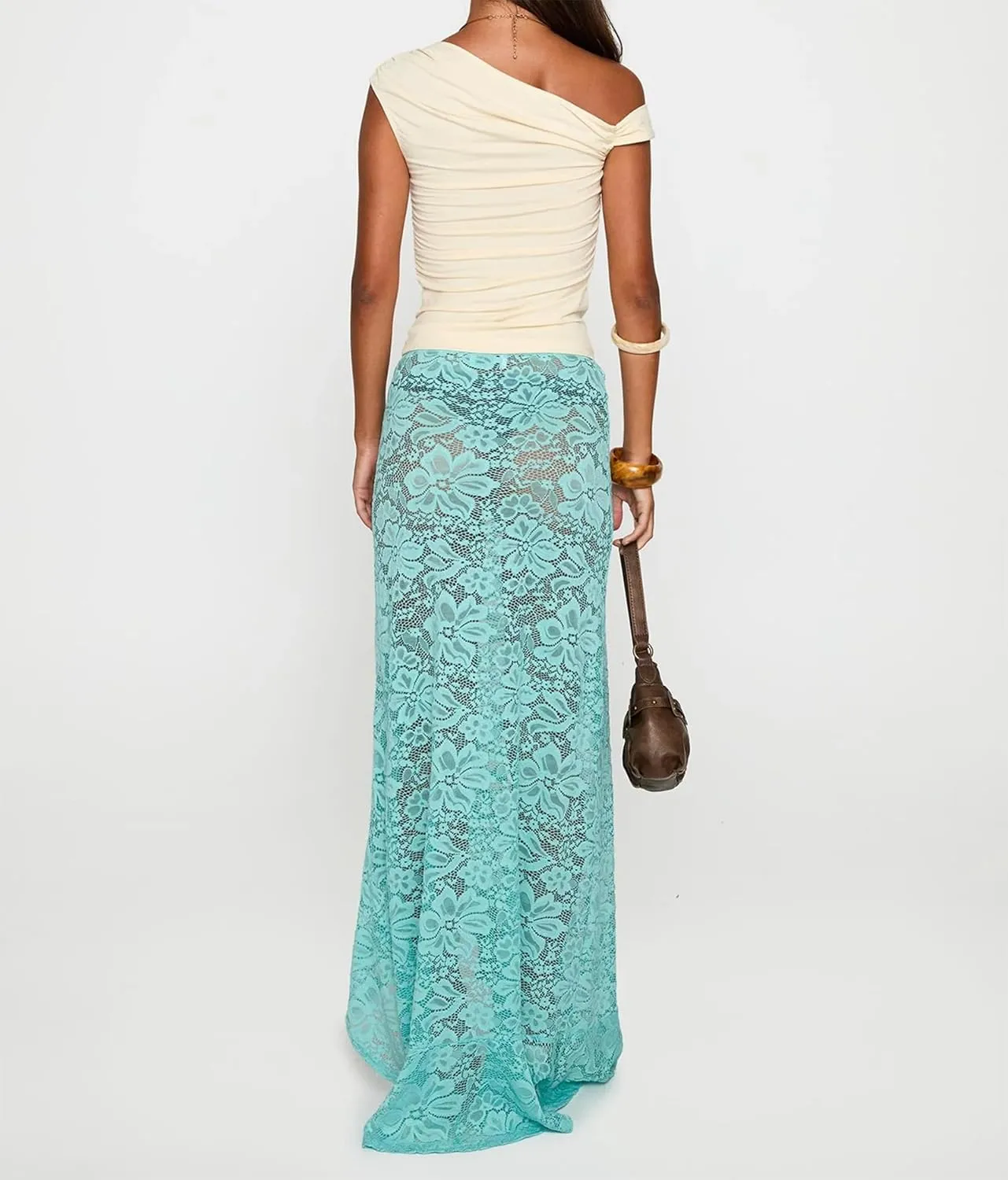 Womens Y2K Floral Lace Split Long Skirts Sexy Low Rise Ruffle Hem See Through Sheer Summer Beach Maxi Skirts