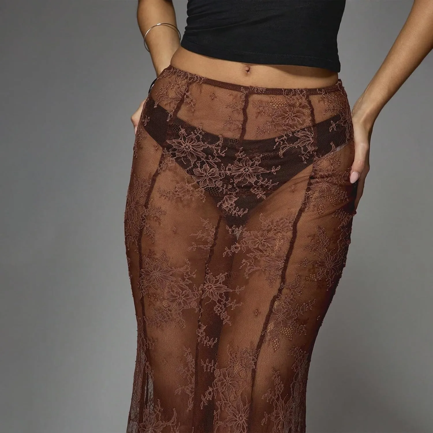 Womens Y2K Floral Lace Split Long Skirts Sexy Low Rise Ruffle Hem See Through Sheer Summer Beach Maxi Skirts