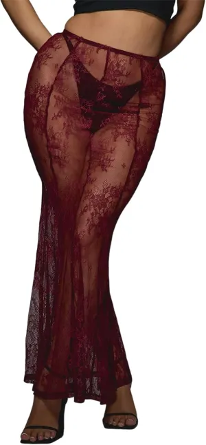 Womens Y2K Floral Lace Split Long Skirts Sexy Low Rise Ruffle Hem See Through Sheer Summer Beach Maxi Skirts