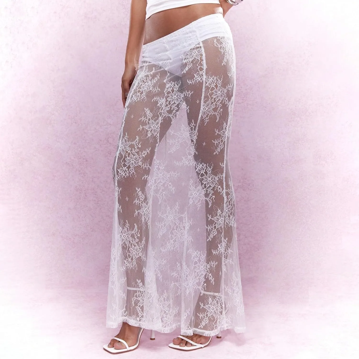 Womens Y2K Floral Lace Split Long Skirts Sexy Low Rise Ruffle Hem See Through Sheer Summer Beach Maxi Skirts