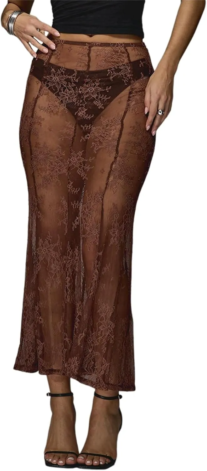 Womens Y2K Floral Lace Split Long Skirts Sexy Low Rise Ruffle Hem See Through Sheer Summer Beach Maxi Skirts