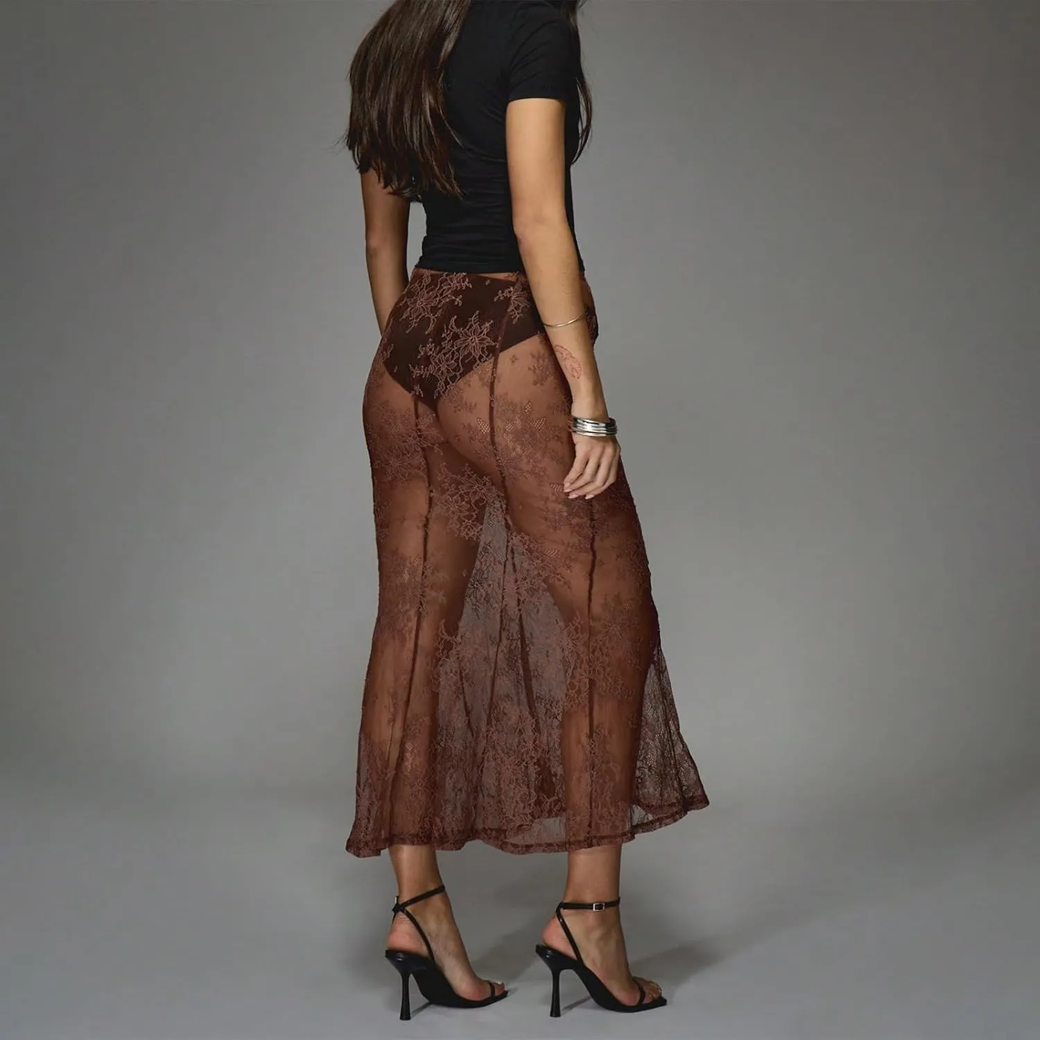 Womens Y2K Floral Lace Split Long Skirts Sexy Low Rise Ruffle Hem See Through Sheer Summer Beach Maxi Skirts