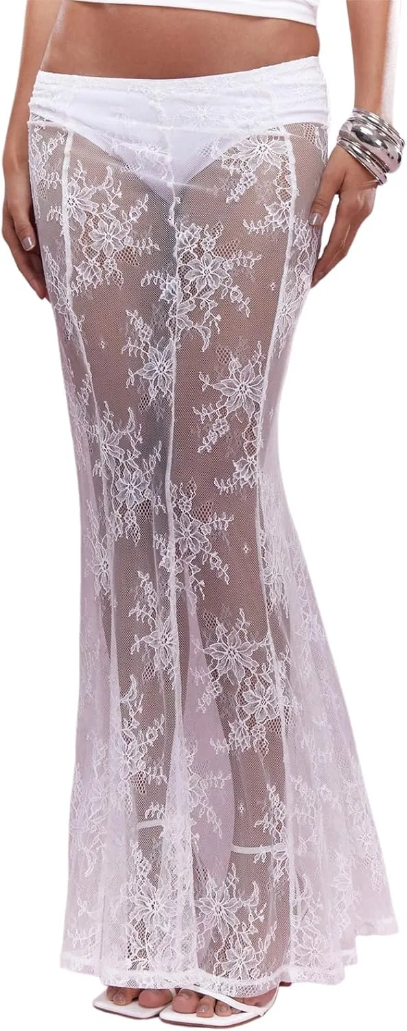 Womens Y2K Floral Lace Split Long Skirts Sexy Low Rise Ruffle Hem See Through Sheer Summer Beach Maxi Skirts