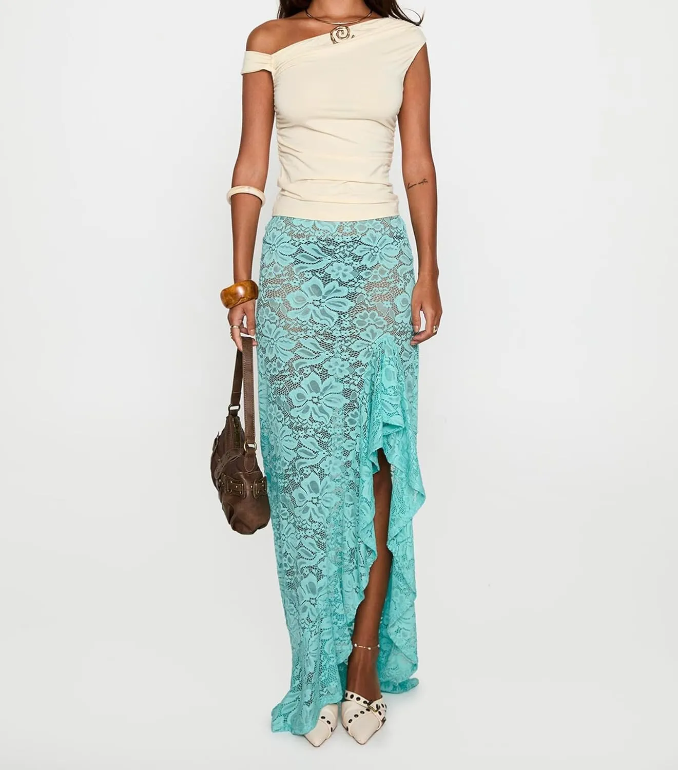 Womens Y2K Floral Lace Split Long Skirts Sexy Low Rise Ruffle Hem See Through Sheer Summer Beach Maxi Skirts