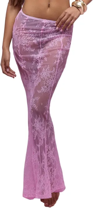 Womens Y2K Floral Lace Split Long Skirts Sexy Low Rise Ruffle Hem See Through Sheer Summer Beach Maxi Skirts