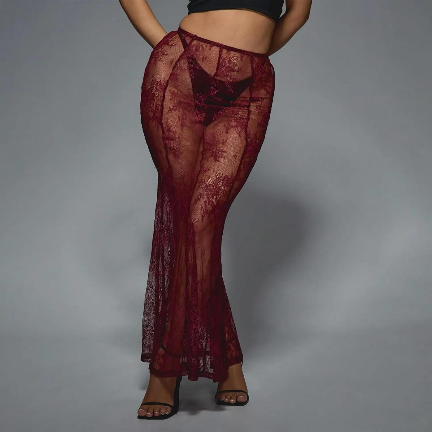 Womens Y2K Floral Lace Split Long Skirts Sexy Low Rise Ruffle Hem See Through Sheer Summer Beach Maxi Skirts
