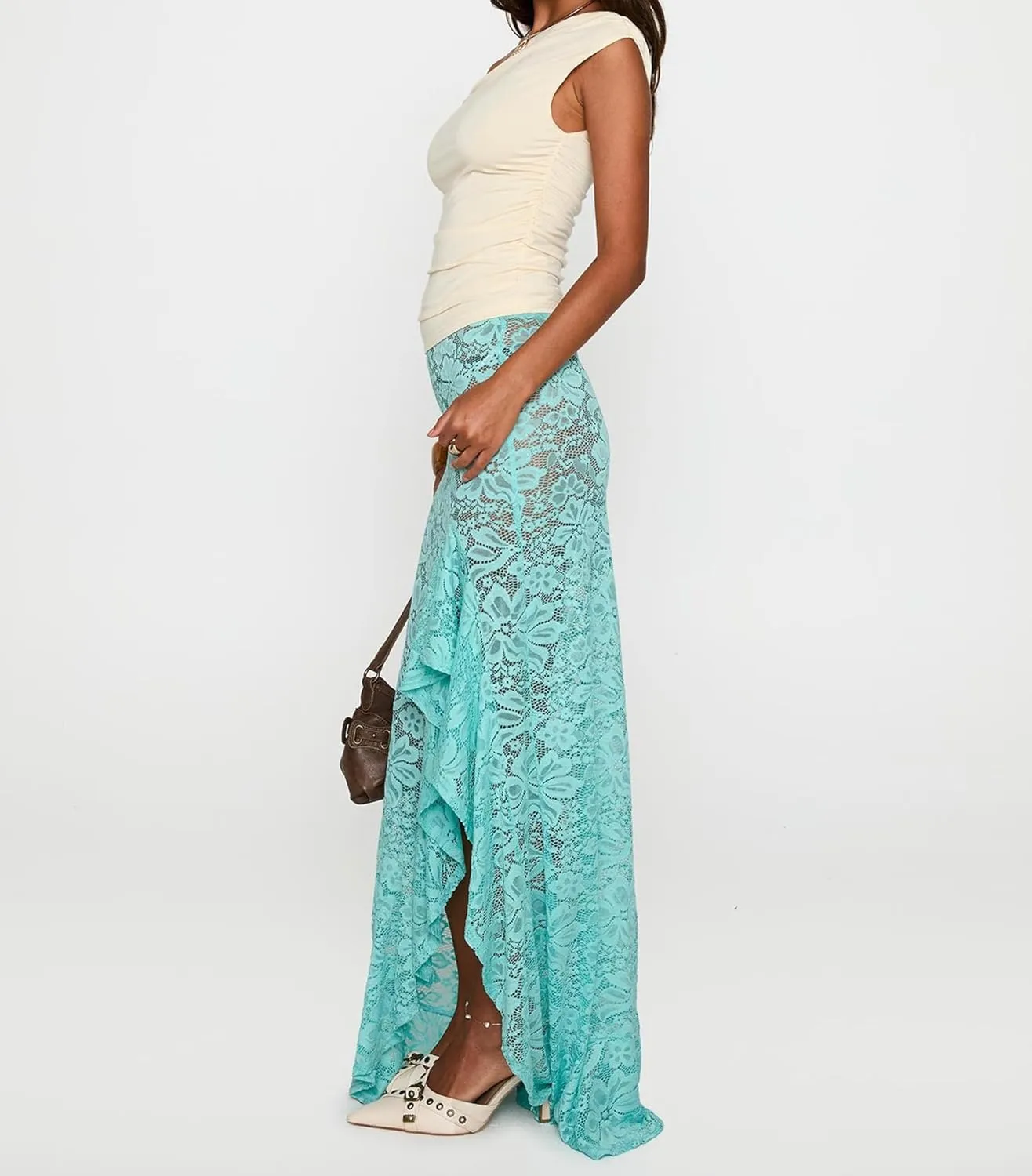 Womens Y2K Floral Lace Split Long Skirts Sexy Low Rise Ruffle Hem See Through Sheer Summer Beach Maxi Skirts