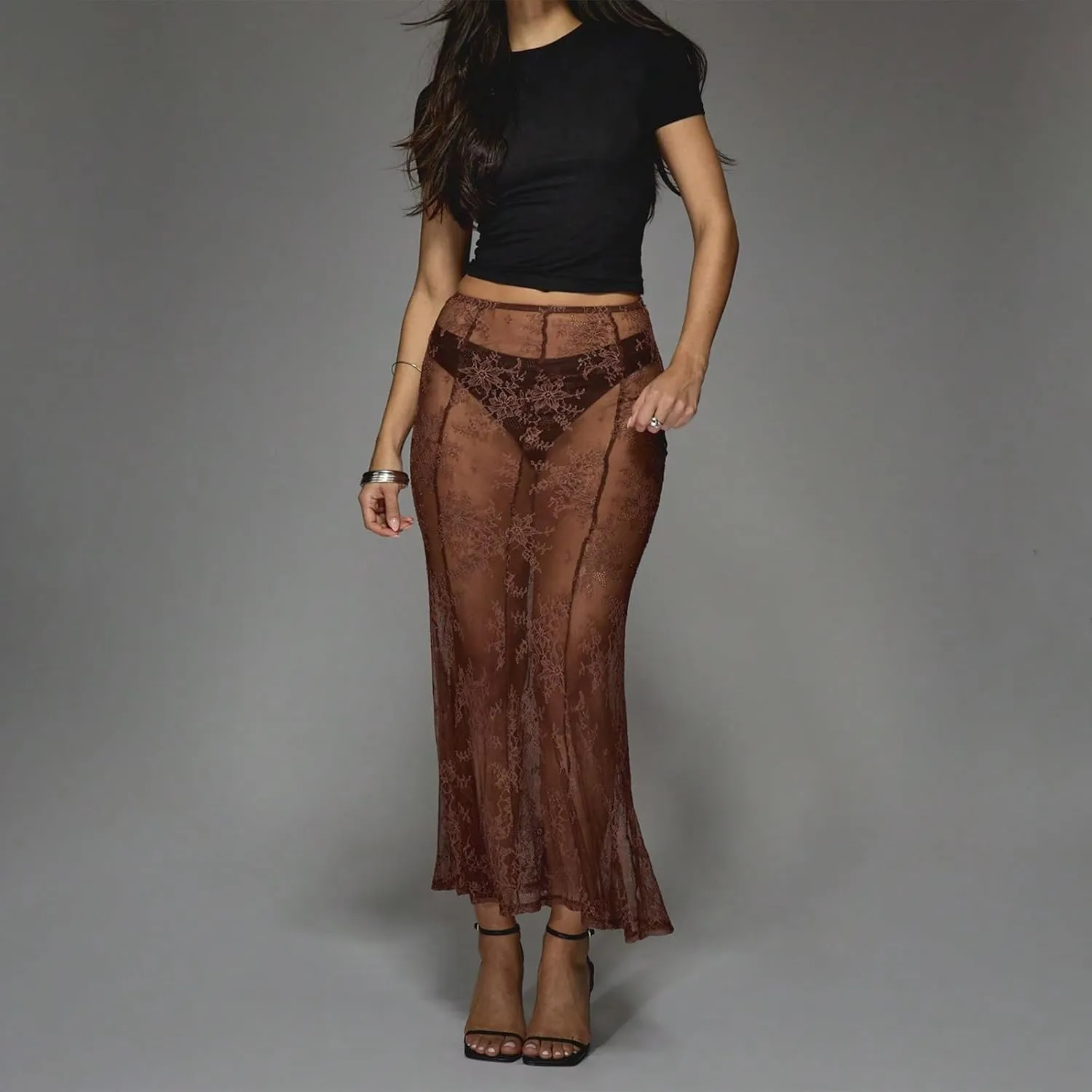 Womens Y2K Floral Lace Split Long Skirts Sexy Low Rise Ruffle Hem See Through Sheer Summer Beach Maxi Skirts