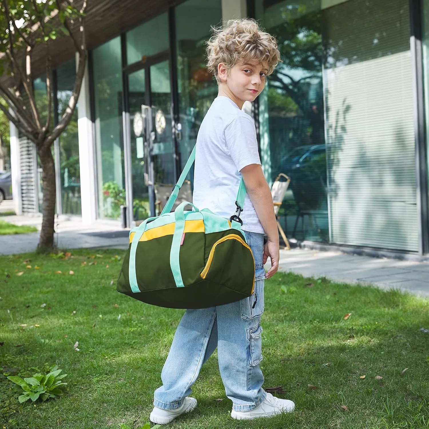 WOOMADA Kids Duffle Bag for Boys or Girls, Kids Overnight Bag with Shoe CompartmentWet Pocket, Ideal for School Practice, Sports, Travel(army green)