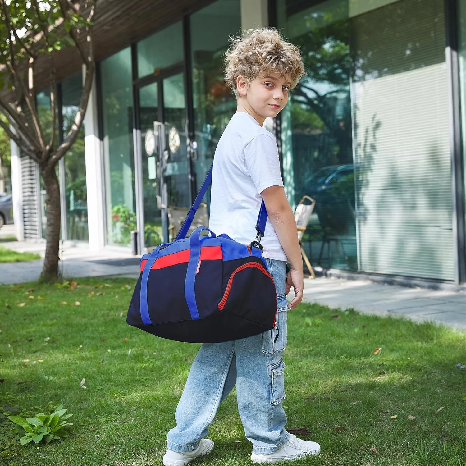 WOOMADA Kids Duffle Bag for Boys or Girls, Kids Overnight Bag with Shoe CompartmentWet Pocket, Ideal for School Practice, Sports, Travel(navy blue)