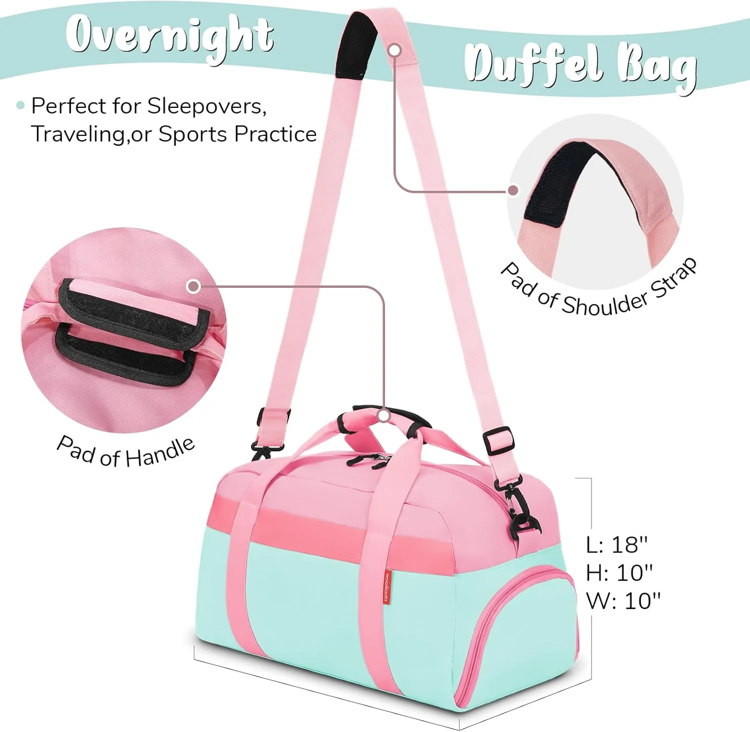 WOOMADA Kids Duffle Bag for Boys or Girls, Kids Overnight Bag with Shoe CompartmentWet Pocket, Ideal for School Practice, Sports, Travel(pink green)