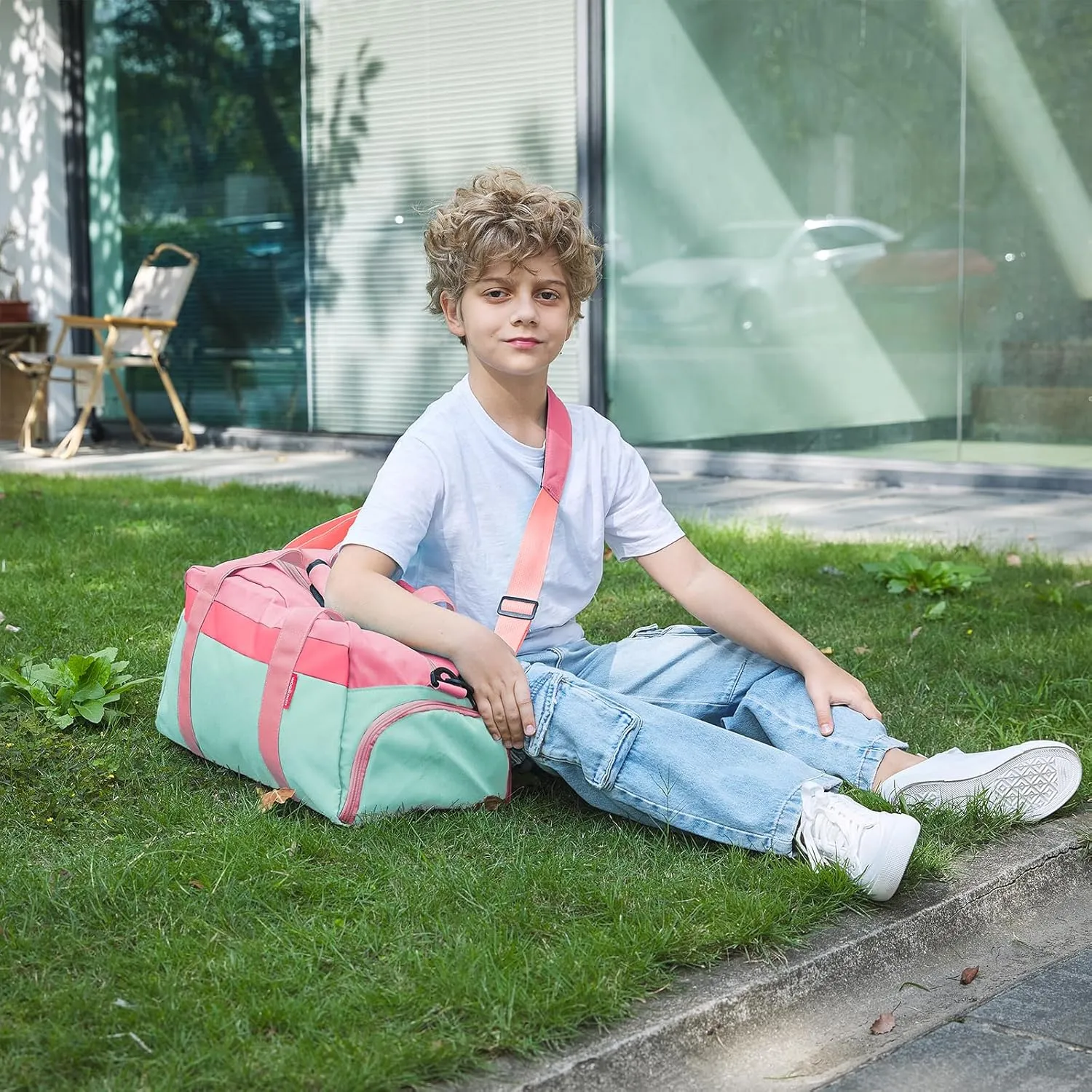 WOOMADA Kids Duffle Bag for Boys or Girls, Kids Overnight Bag with Shoe CompartmentWet Pocket, Ideal for School Practice, Sports, Travel(pink green)