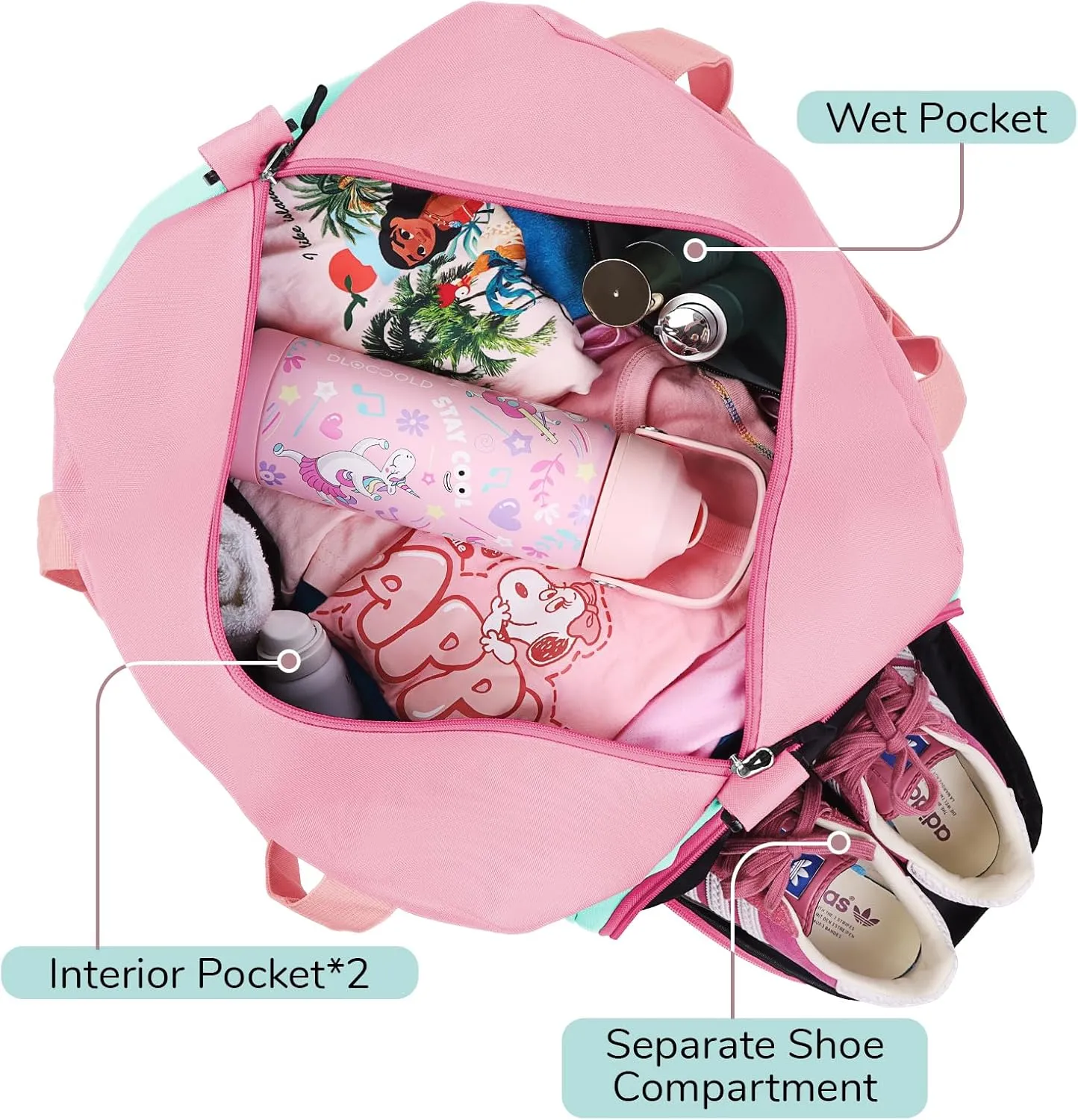 WOOMADA Kids Duffle Bag for Boys or Girls, Kids Overnight Bag with Shoe CompartmentWet Pocket, Ideal for School Practice, Sports, Travel(pink green)