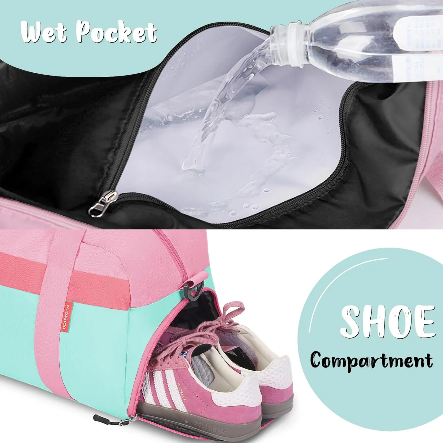 WOOMADA Kids Duffle Bag for Boys or Girls, Kids Overnight Bag with Shoe CompartmentWet Pocket, Ideal for School Practice, Sports, Travel(pink green)