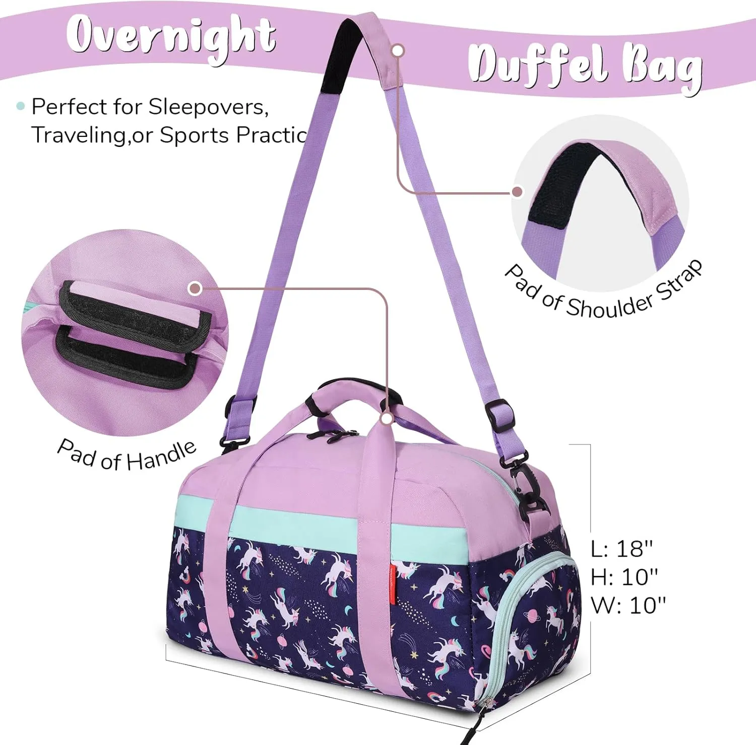 WOOMADA Kids Duffle Bag for Boys or Girls, Kids Overnight Bag with Shoe CompartmentWet Pocket, Ideal for School Practice, Sports, Travel(purple unicorn)