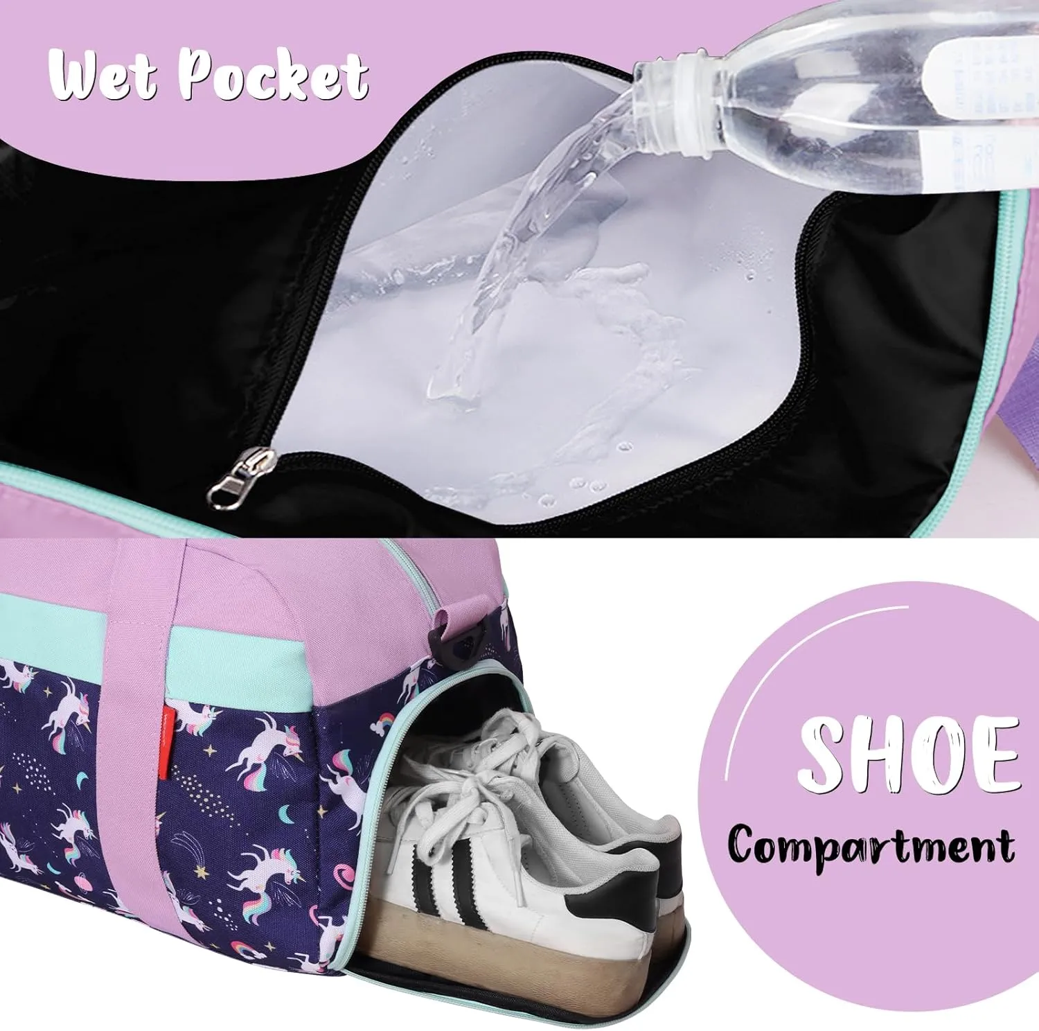 WOOMADA Kids Duffle Bag for Boys or Girls, Kids Overnight Bag with Shoe CompartmentWet Pocket, Ideal for School Practice, Sports, Travel(purple unicorn)