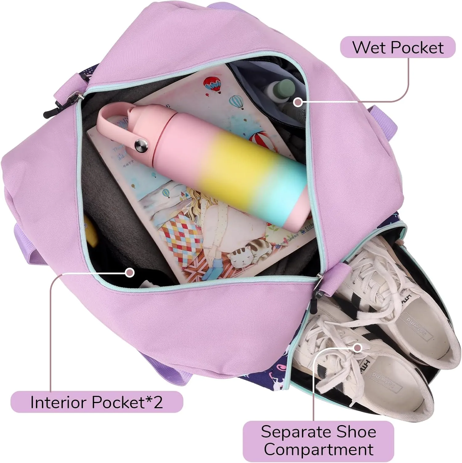WOOMADA Kids Duffle Bag for Boys or Girls, Kids Overnight Bag with Shoe CompartmentWet Pocket, Ideal for School Practice, Sports, Travel(purple unicorn)