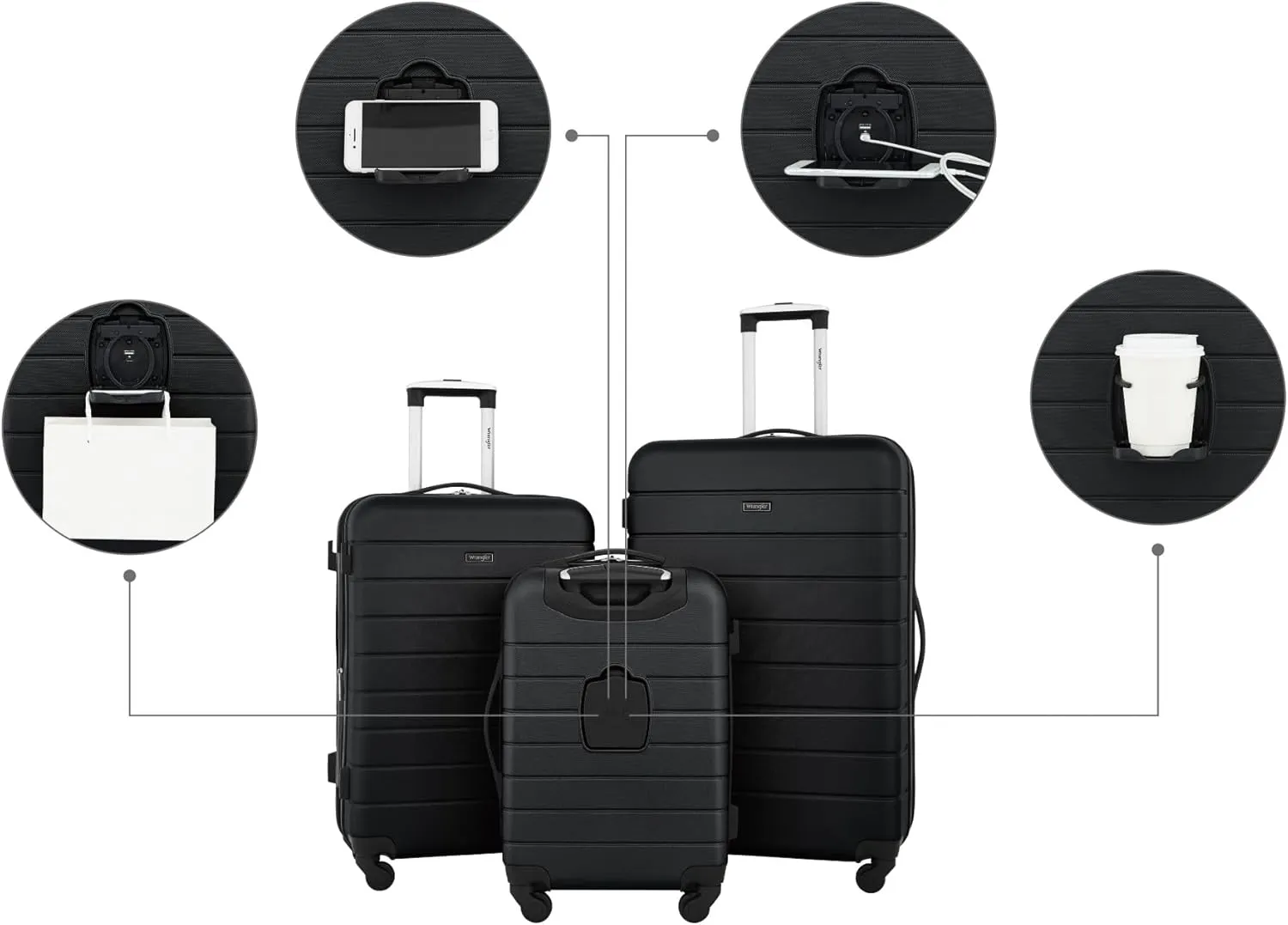 Wrangler Smart Luggage Set with Cup Holder and USB Port, Black, 20-Inch Carry-On