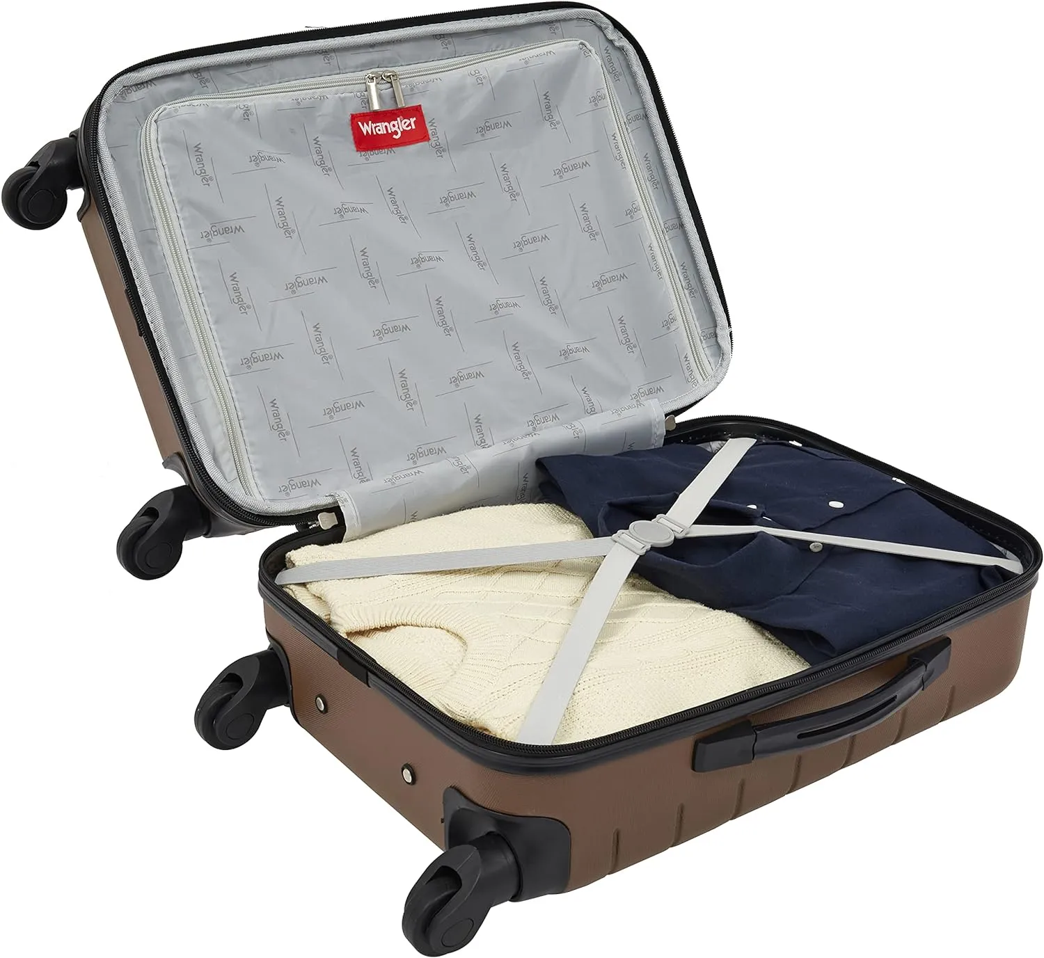 Wrangler Smart Luggage Set with Cup Holder and USB Port, Toffee, 20-Inch Carry-On