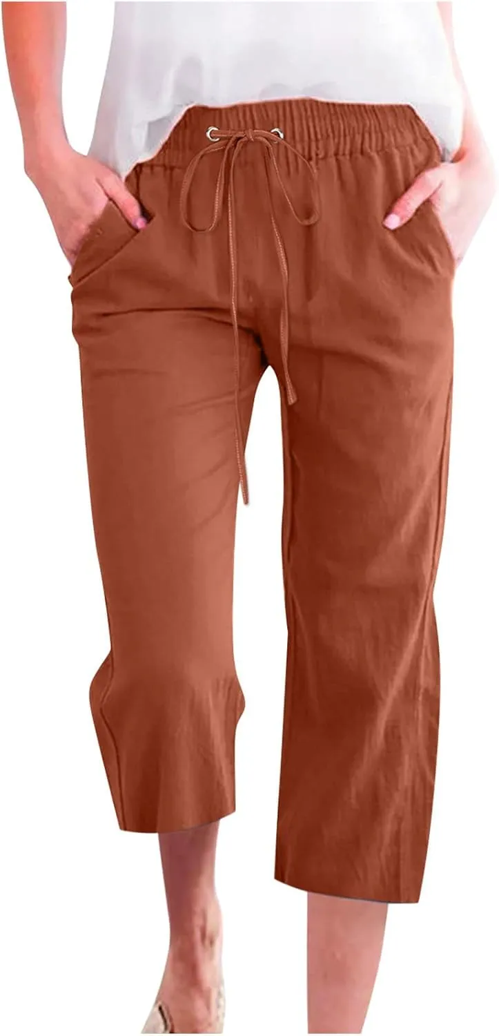 XUNRYAN Capris for Women Casual Summer 2023 Capri Leggings Lightweight High Waist Linen Cargo Pants Pockets Cropped Trousers