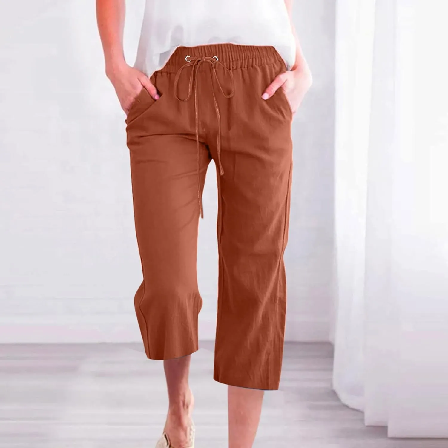 XUNRYAN Capris for Women Casual Summer 2023 Capri Leggings Lightweight High Waist Linen Cargo Pants Pockets Cropped Trousers