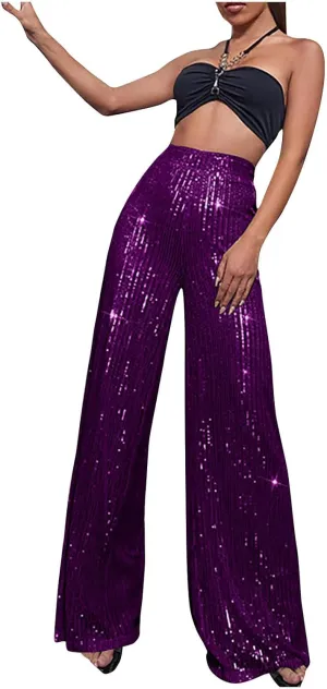 XUNRYAN Sequin Pants Women's 70s Disco Outfits High Waist Wide Leg Palazzo Pants Party Clubwear Trousers Hippie Clothes