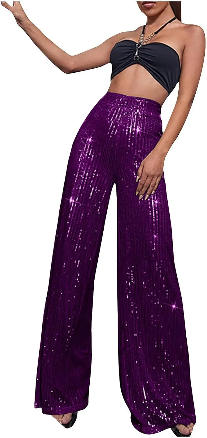 XUNRYAN Sequin Pants Women's 70s Disco Outfits High Waist Wide Leg Palazzo Pants Party Clubwear Trousers Hippie Clothes