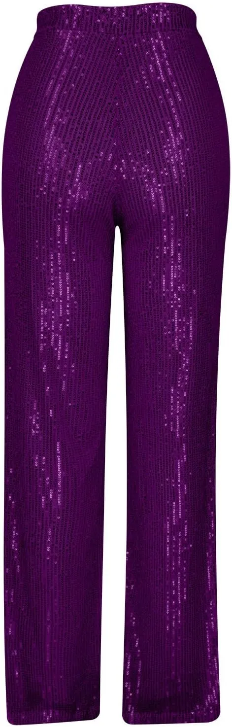 XUNRYAN Sequin Pants Women's 70s Disco Outfits High Waist Wide Leg Palazzo Pants Party Clubwear Trousers Hippie Clothes