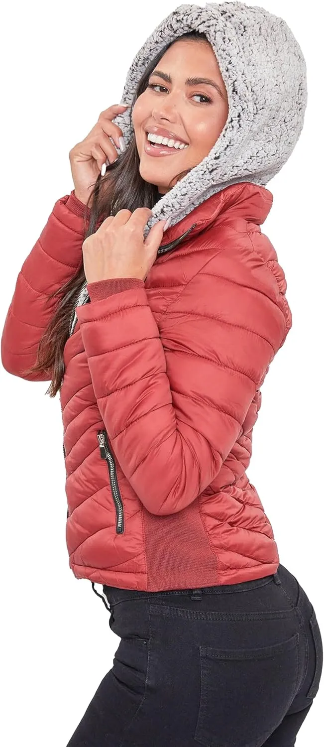 YMI Women's Junior Full Length Puffer Jacket with Detachable Sherpa Hood