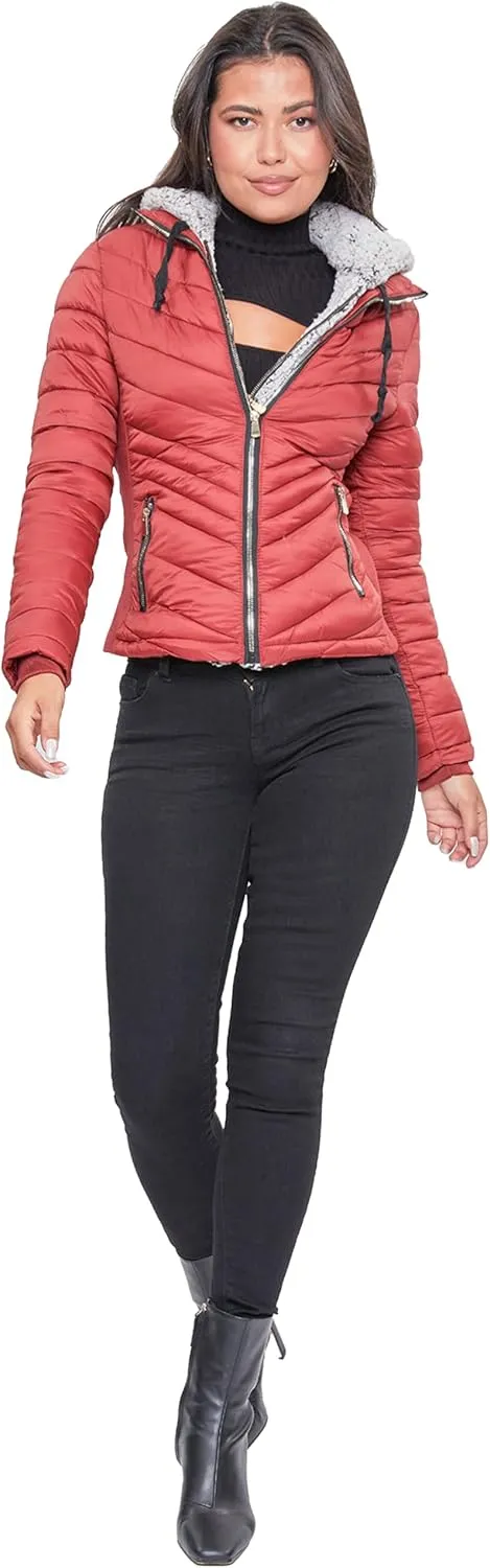 YMI Women's Junior Full Length Puffer Jacket with Detachable Sherpa Hood