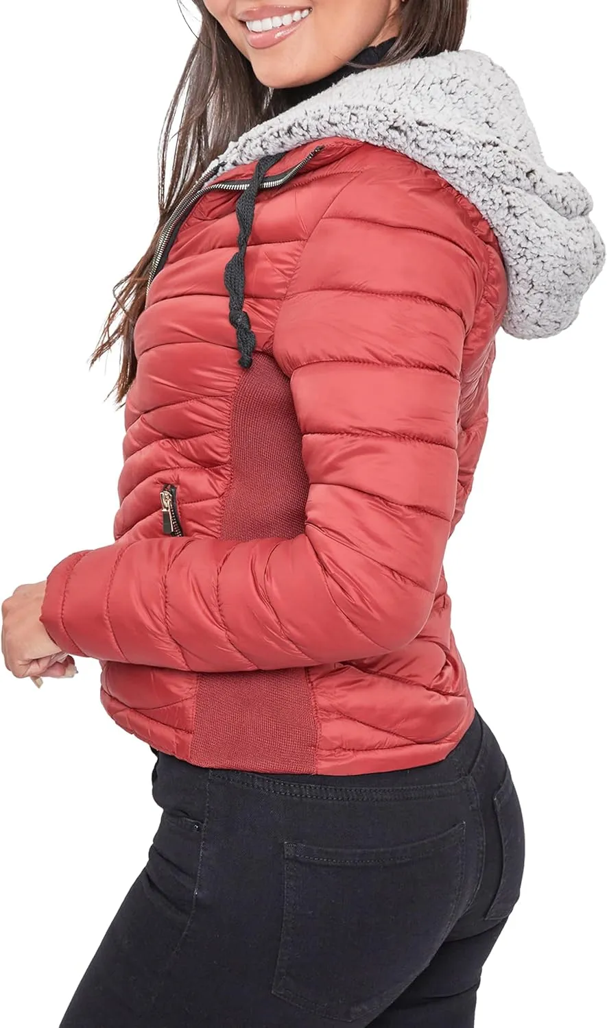 YMI Women's Junior Full Length Puffer Jacket with Detachable Sherpa Hood