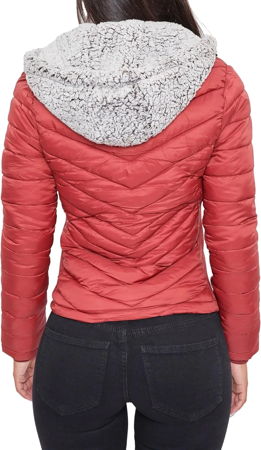 YMI Women's Junior Full Length Puffer Jacket with Detachable Sherpa Hood