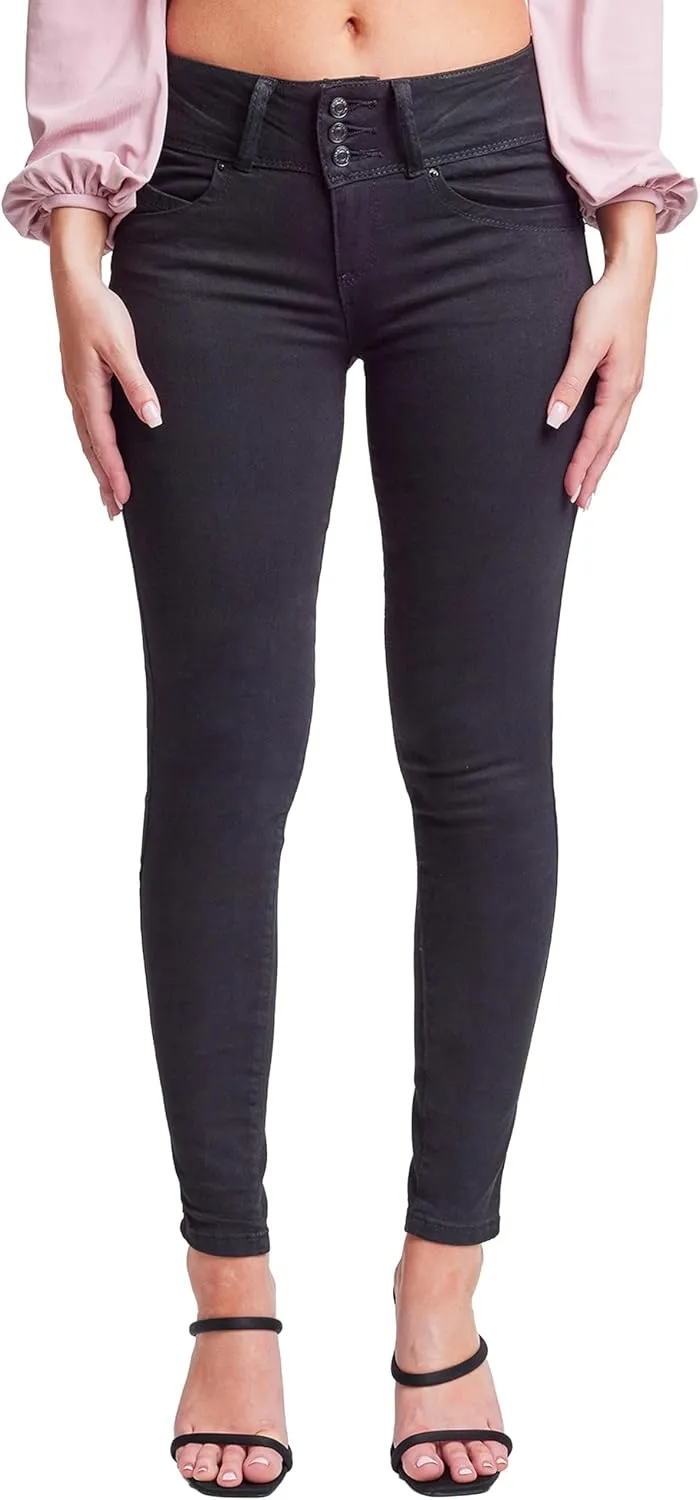 YMI Women's Junior Mid-Rise Wannabettabutt 3-Button Recycled Fibers Skinny Jeans
