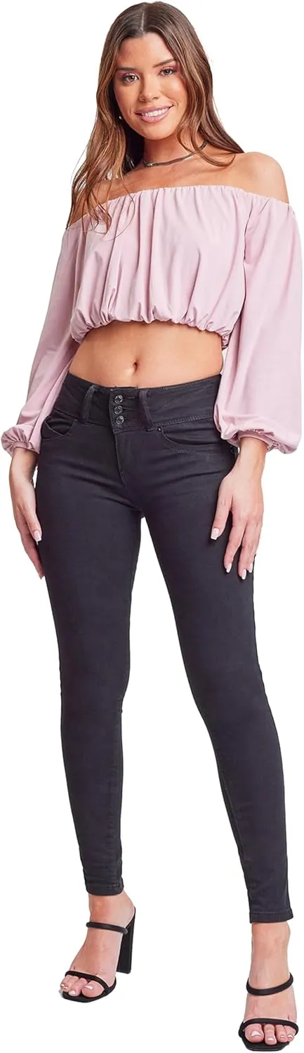 YMI Women's Junior Mid-Rise Wannabettabutt 3-Button Recycled Fibers Skinny Jeans