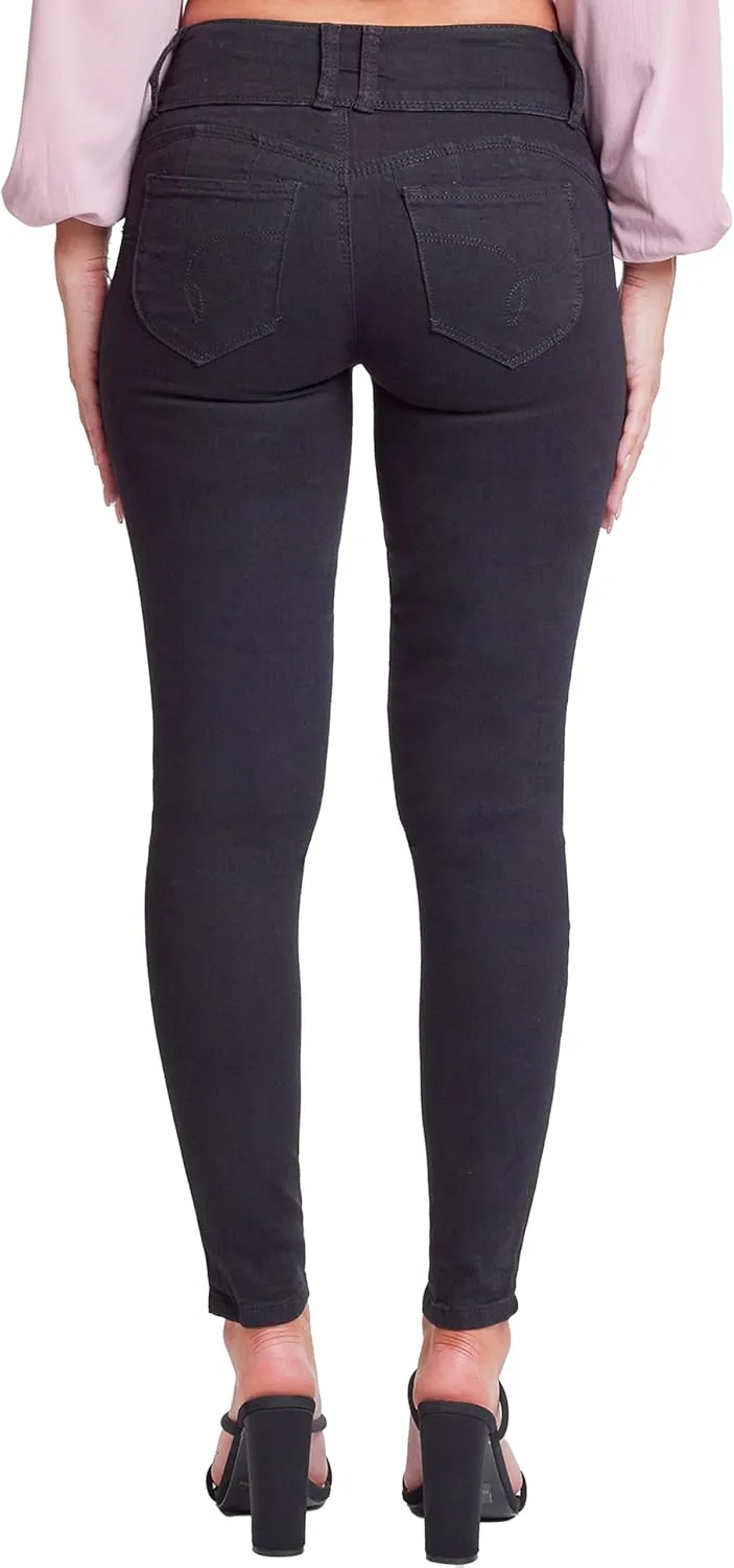 YMI Women's Junior Mid-Rise Wannabettabutt 3-Button Recycled Fibers Skinny Jeans