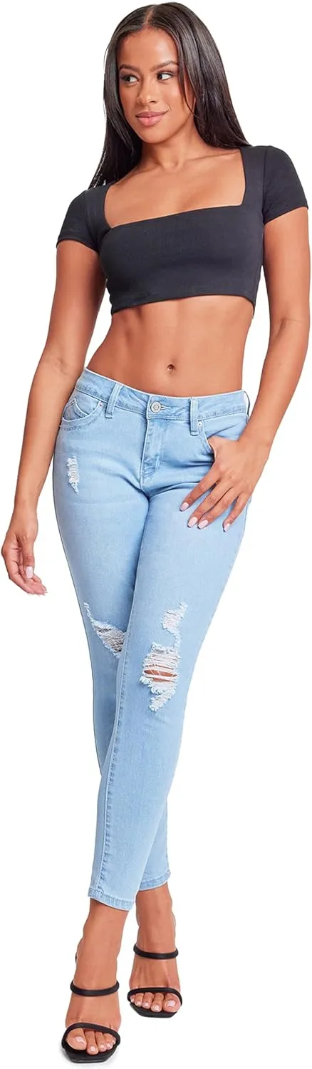 YMI Women's Juniors Mid-Rise Wannabettabutt Recycled Fibers Skinny Jeans
