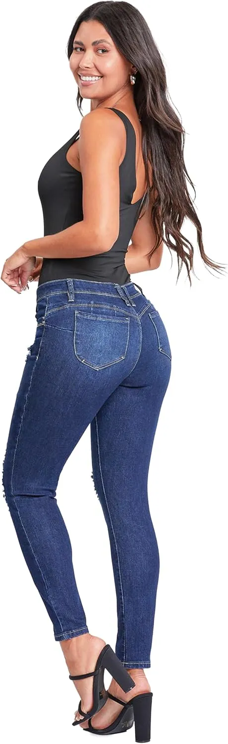 YMI Women's Juniors Mid-Rise Wannabettabutt Recycled Fibers Skinny Jeans