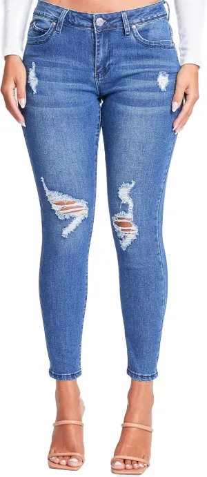 YMI Women's Juniors Mid-Rise Wannabettabutt Recycled Fibers Skinny Jeans