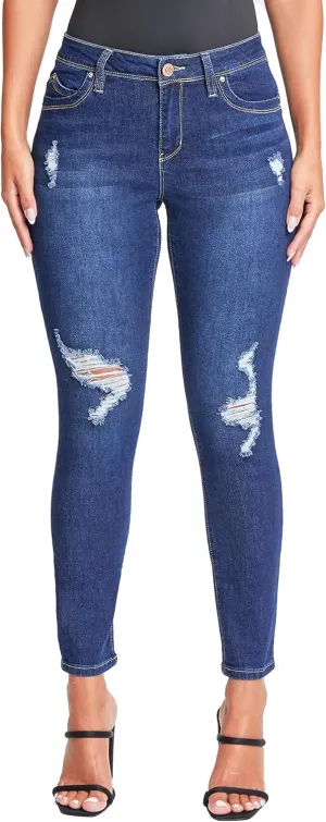 YMI Women's Juniors Mid-Rise Wannabettabutt Recycled Fibers Skinny Jeans