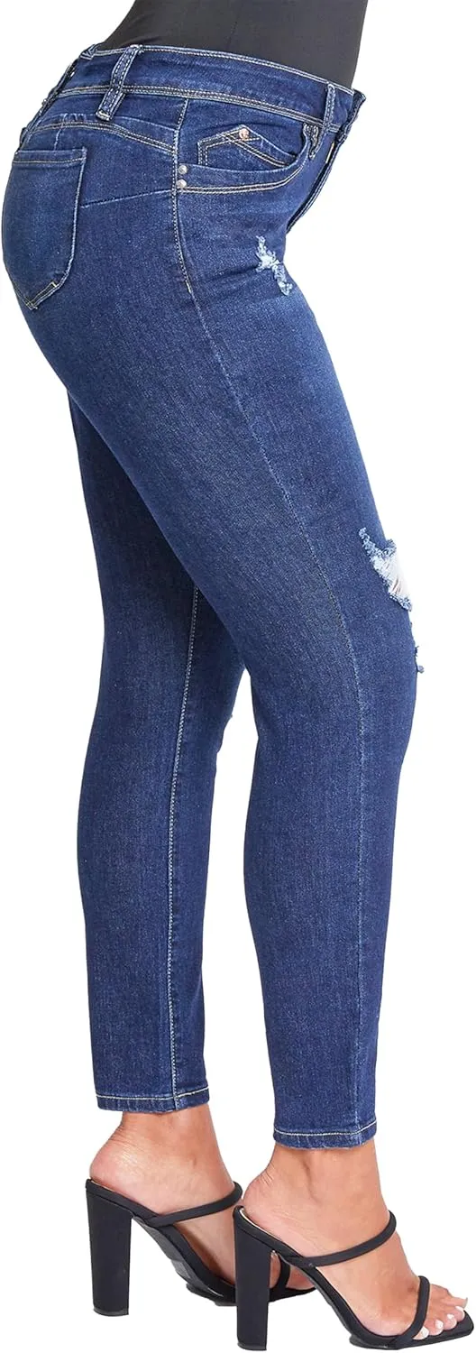 YMI Women's Juniors Mid-Rise Wannabettabutt Recycled Fibers Skinny Jeans