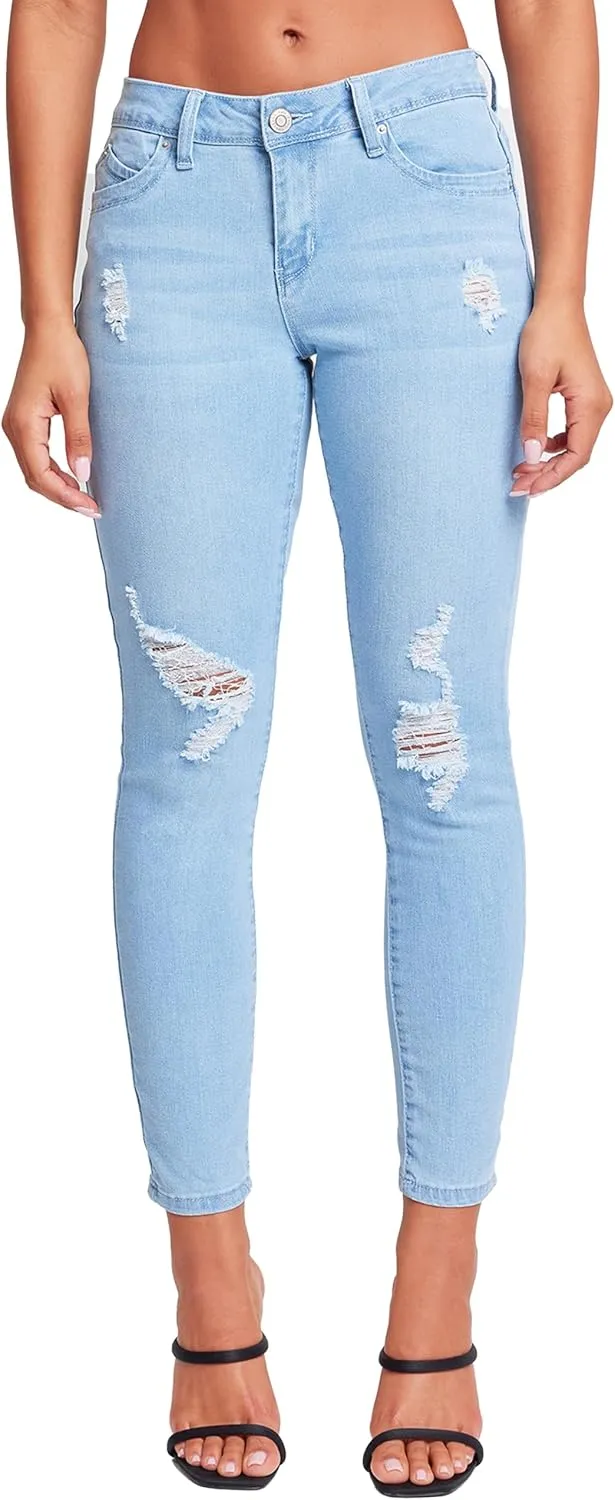 YMI Women's Juniors Mid-Rise Wannabettabutt Recycled Fibers Skinny Jeans
