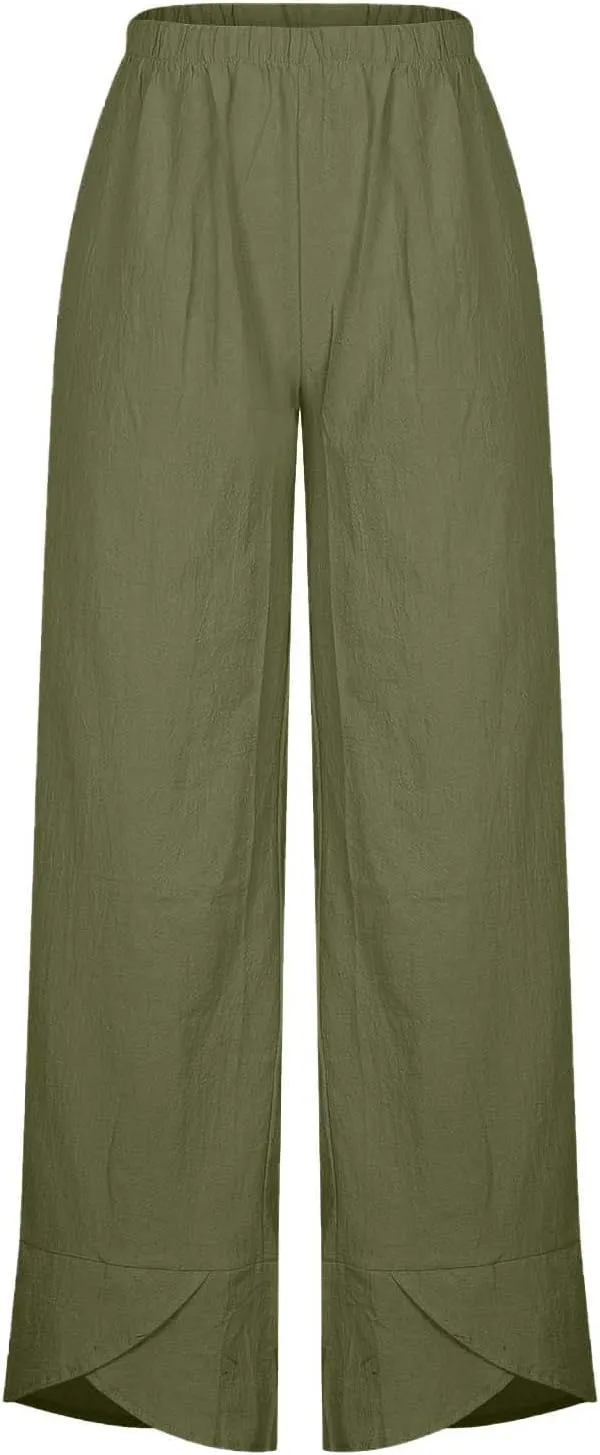 YRAETENM Womens Linen Pants Casual High Waisted Drawstring Elastic Trousers Loose Fit Straight Leg Capris Pants with Pockets