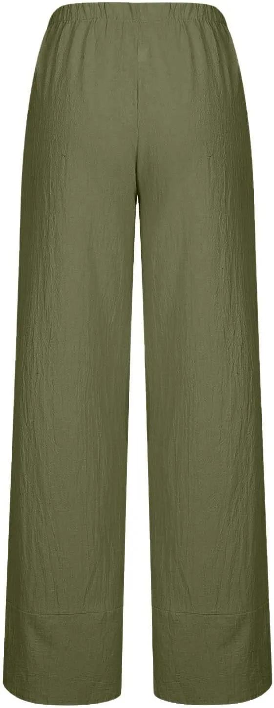 YRAETENM Womens Linen Pants Casual High Waisted Drawstring Elastic Trousers Loose Fit Straight Leg Capris Pants with Pockets