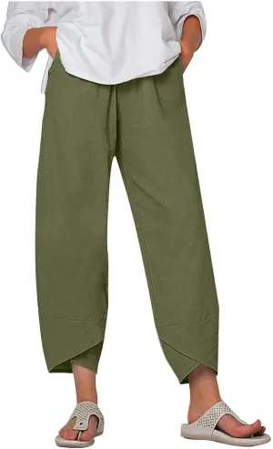 YRAETENM Womens Linen Pants Casual High Waisted Drawstring Elastic Trousers Loose Fit Straight Leg Capris Pants with Pockets